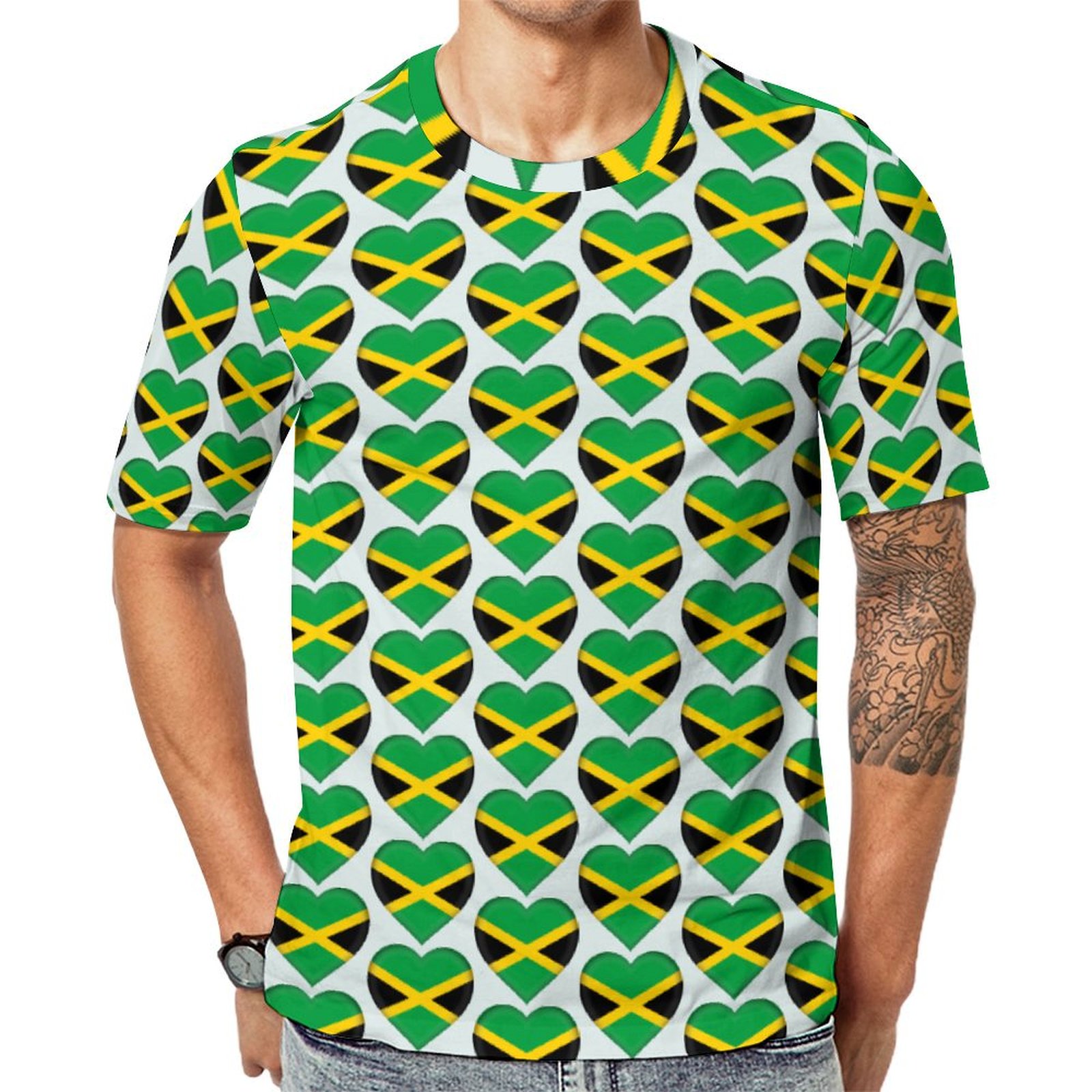I Love Jamaica Jamaican Flag Hearts Short Sleeve Print Unisex Tshirt Summer Casual Tees for Men and Women Coolcoshirts