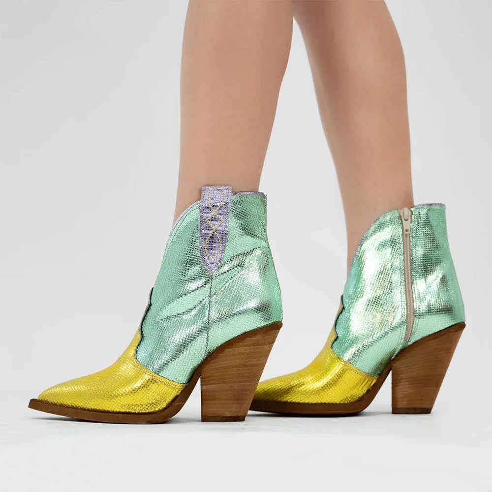 Metallic Yellow & Green Pointed Toe Block Heel Ankle Cowgirl Boots