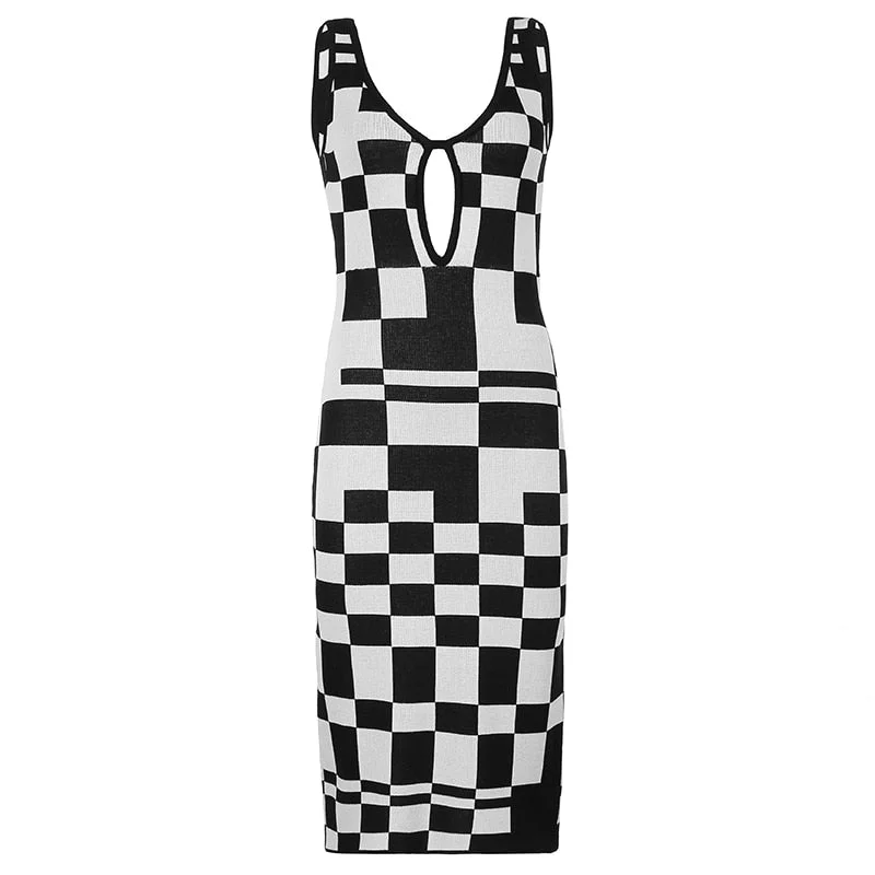 HEYounGIRL Summer  V Neck Vintage Plaid Bodycon Dress Casual Sleeveless Checkered Midi Dresses Laides Hollow Out Party Beach