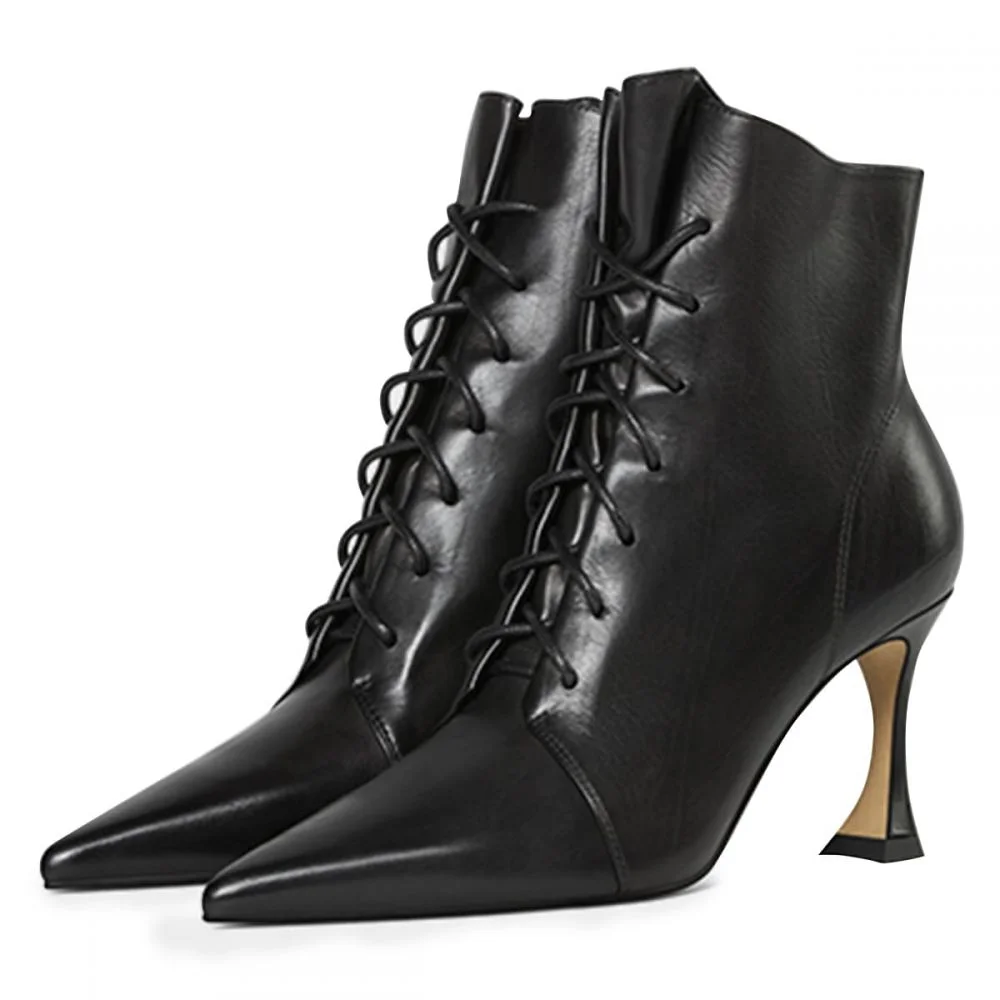 Black Tennie Lace Up Pointy Toe Flared Heel Boots Nicepairs
