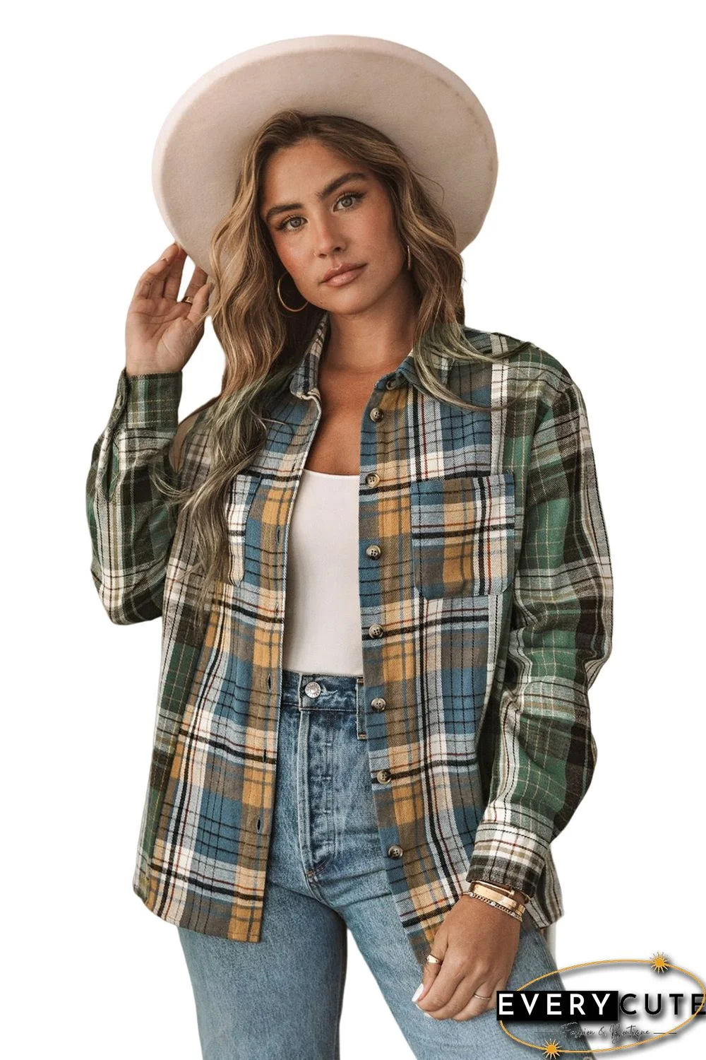 Green Chest Pockets Button Up Plaid Shacket