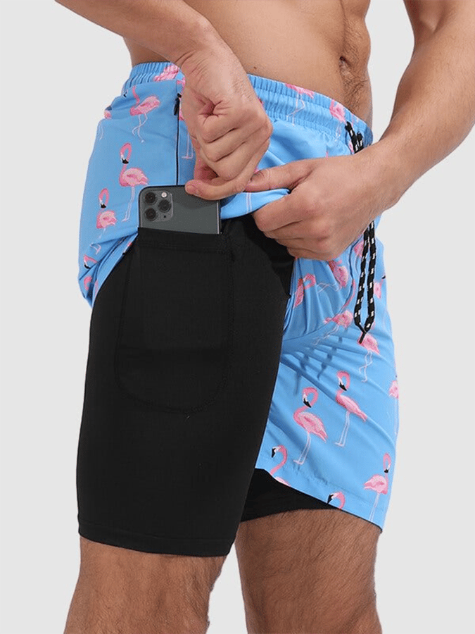 Men's Resort Double Layer Flamingo Print Beach Pocket Shorts