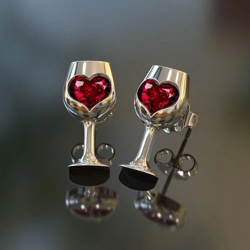 Heart Shape Stone Silver Wine Glasses Earrings