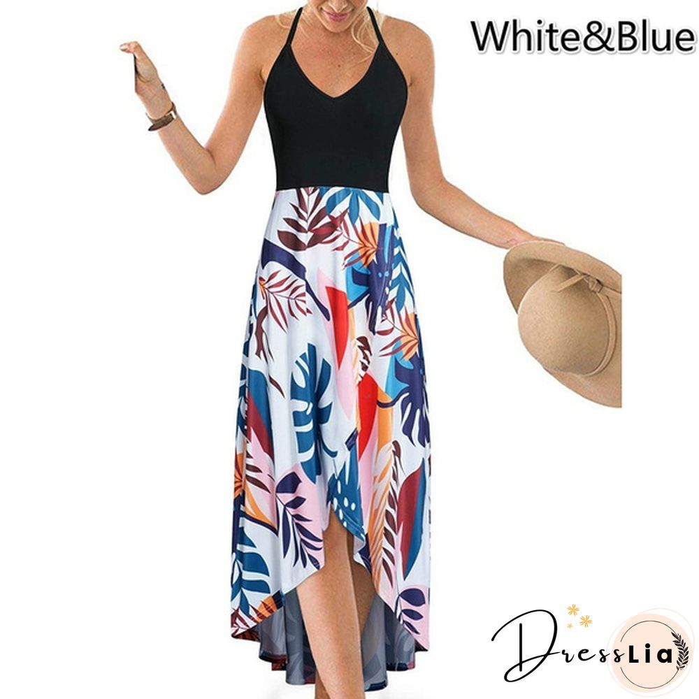 Women&rsquo;s Fashion Summer Casual Floral Printed V-Neck Sling Dress High Waist Big Swing Dress Backless Dress