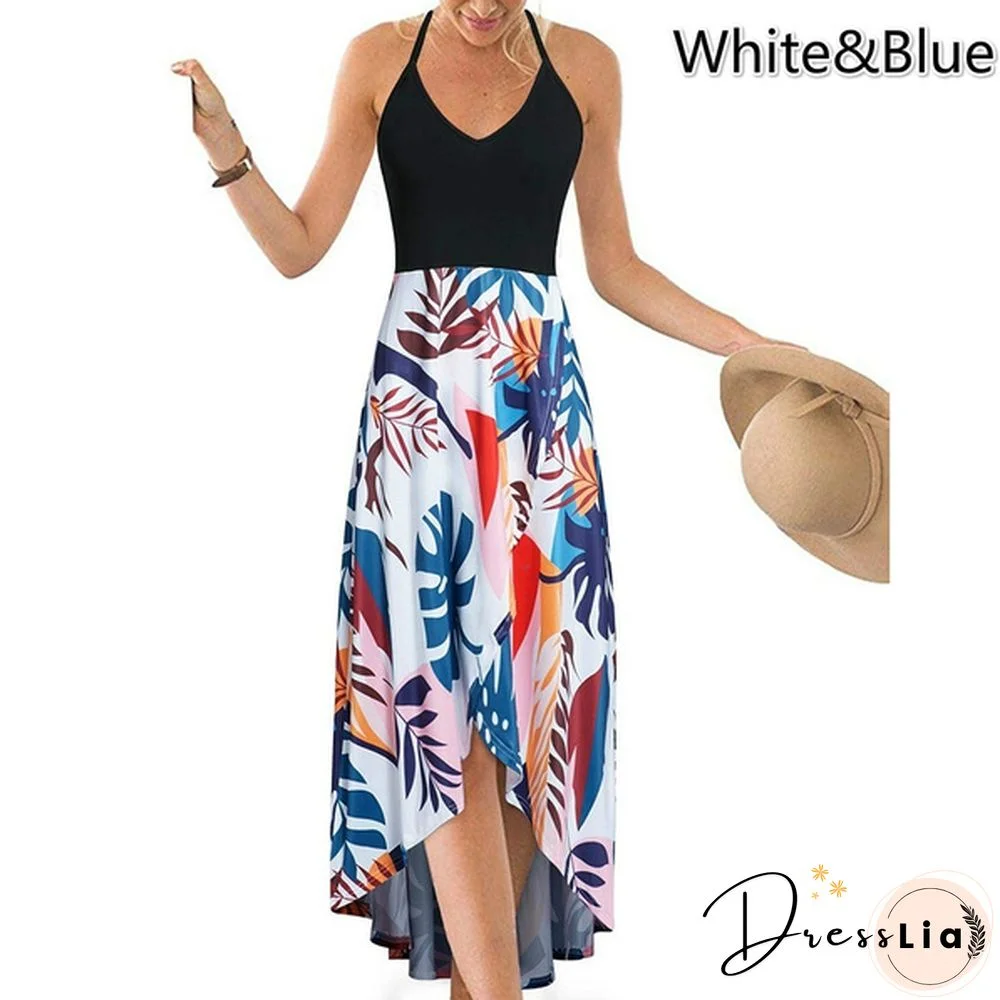 Women&rsquo;s Fashion Summer Casual Floral Printed V-Neck Sling Dress High Waist Big Swing Dress Backless Dress