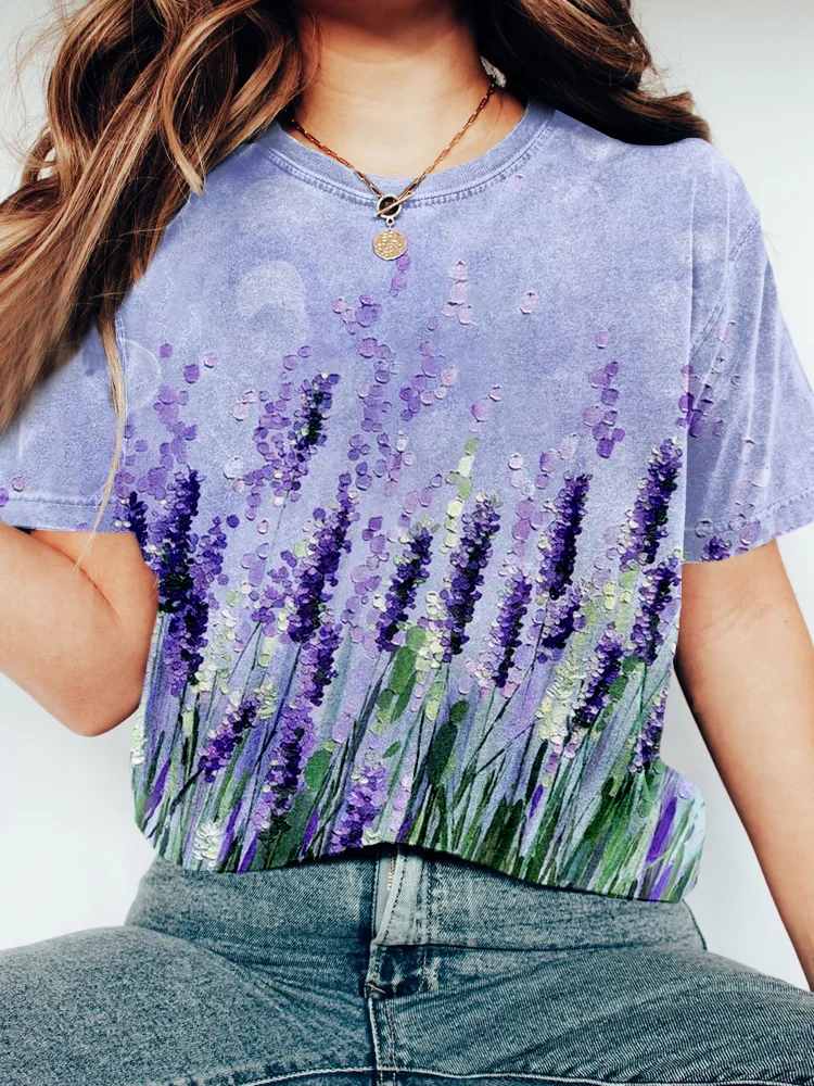 Lavender Painting Art Crew Neck Washed T Shirt