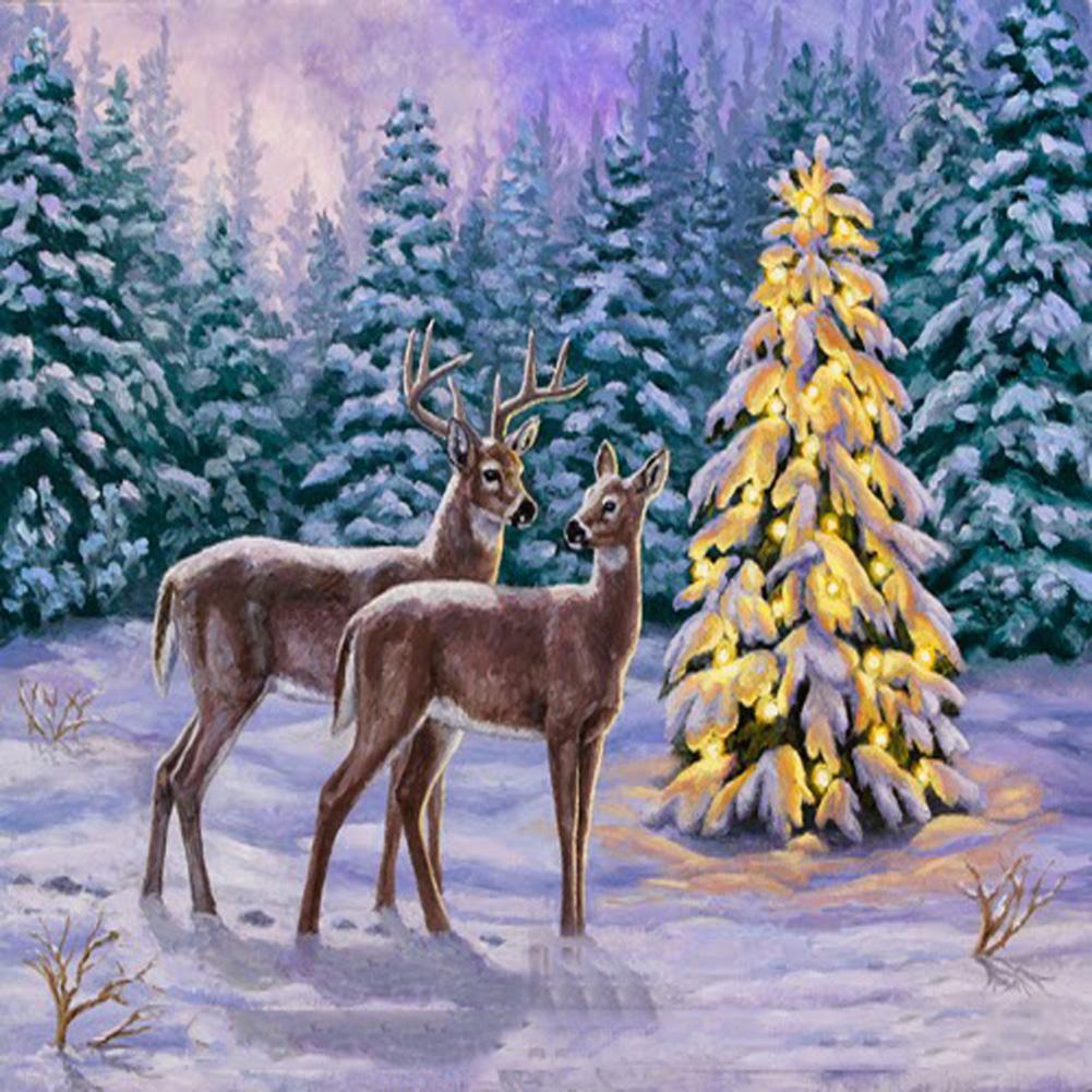 

30x30cm Round Drill Diamond Painting-Elk Christmas Tree, 501 Original