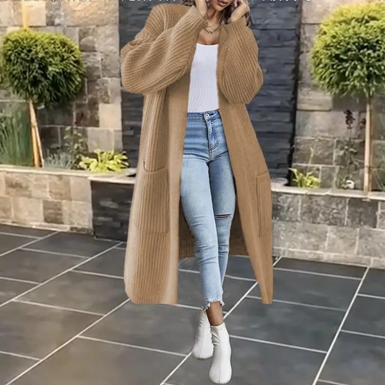 Uveng Women Long Knitted Casual Vintage Solid Color Loose Sweater Coat Fashion Basic All-Match Solid Cardigans New 2022