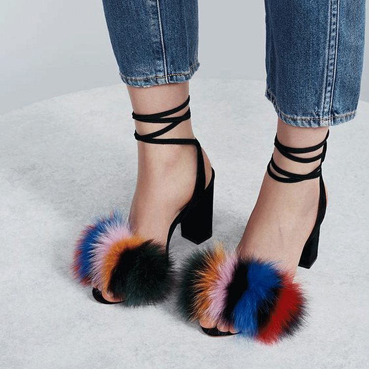 Multicolor Furry Open Toe Sandal Chunky Heels for Office Wear Vdcoo