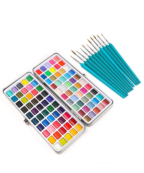 100 Colors Solid Watercolor Paint Set With 11 Pcs Miniature Detail Fine Tip Paint Brush Set-Himinee.com