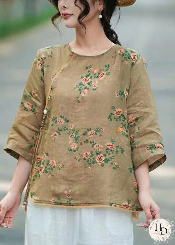 Unique Khaki Tasseled Print Linen Blouse Top Bracelet Sleeve