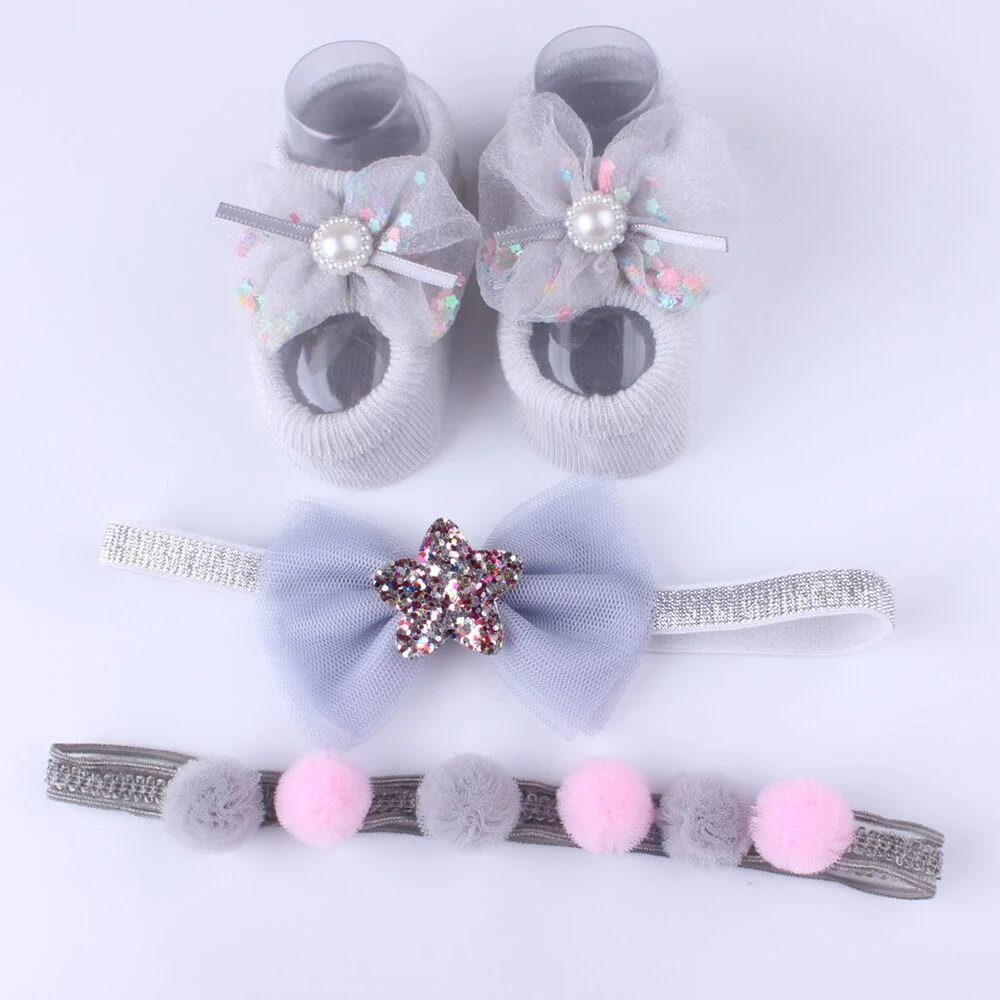 3Pcs/Set Lace Flower Baby Girl Headband Socks Set Crown Bows Newborn Hairband Headbands For Girls Turban Baby Hair Accessories