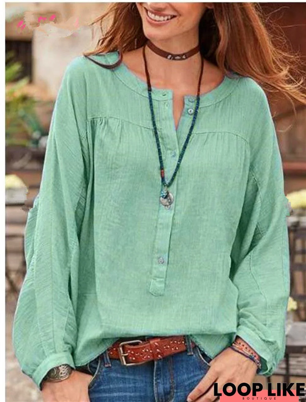 Button Solid Color Long Sleeved Casual Fashion Blouse