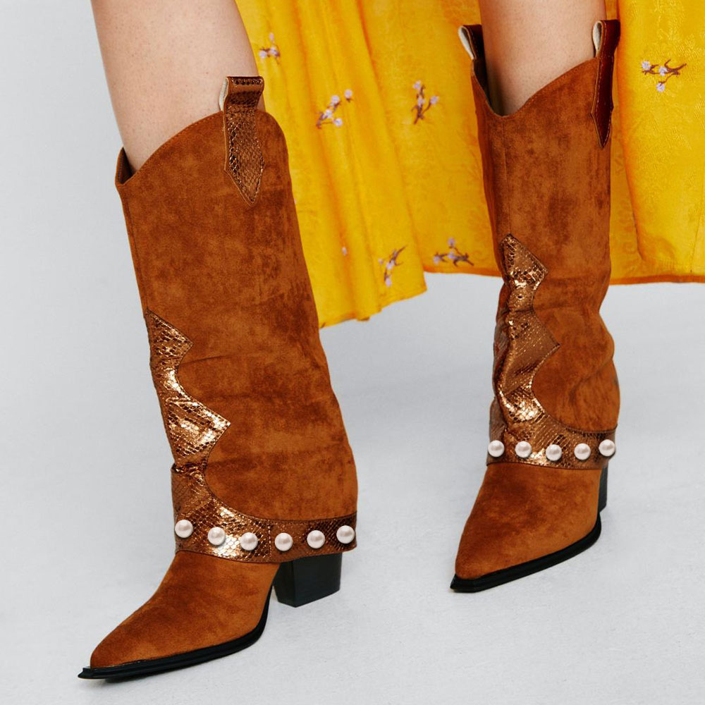 Women's Vegan Leather Cowgirl Boots Pearl Decor Brown Cone Heel Boots