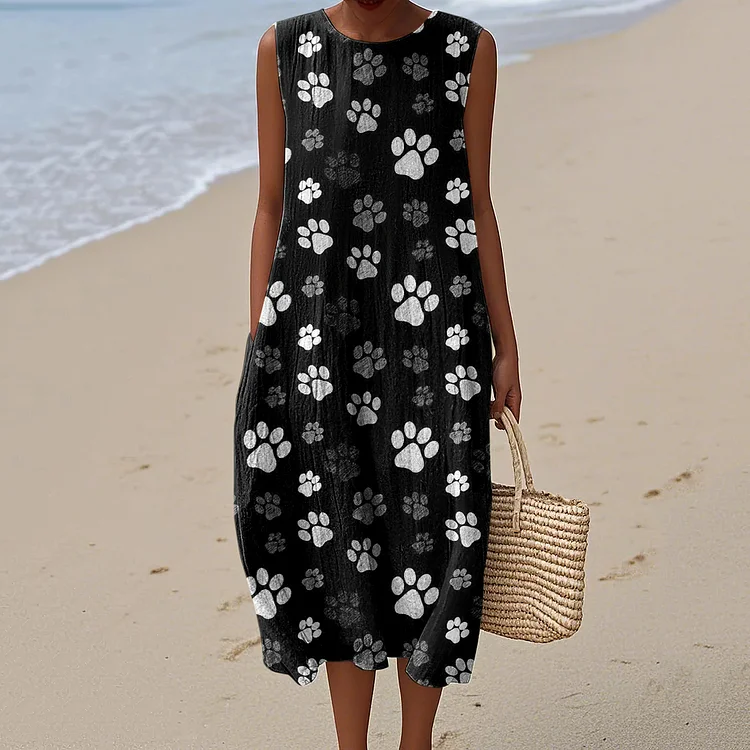 Women's Dog Art Print Cotton And Linen Dress