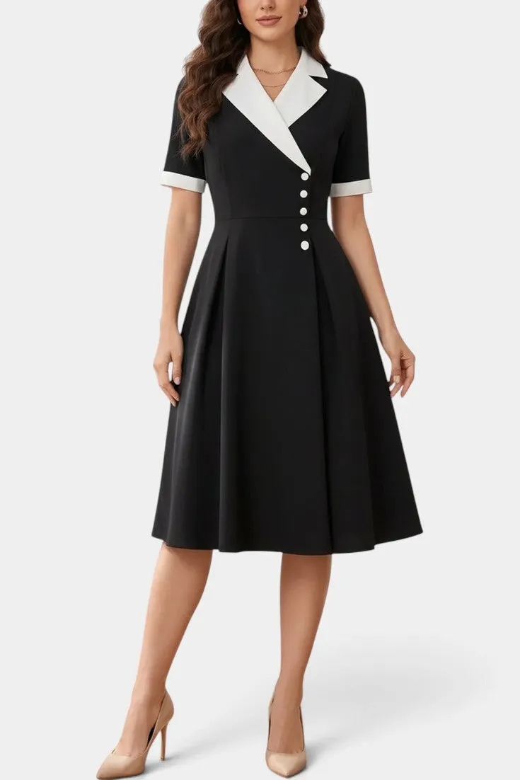 Structured Two-Tone Midi Dress with Tailored Collar