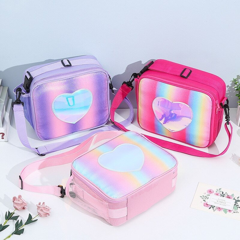 Holographic Heart Lunch Tote Box Lunch Bag Container with Adjustable Shoulder Strap US Mall Lifes