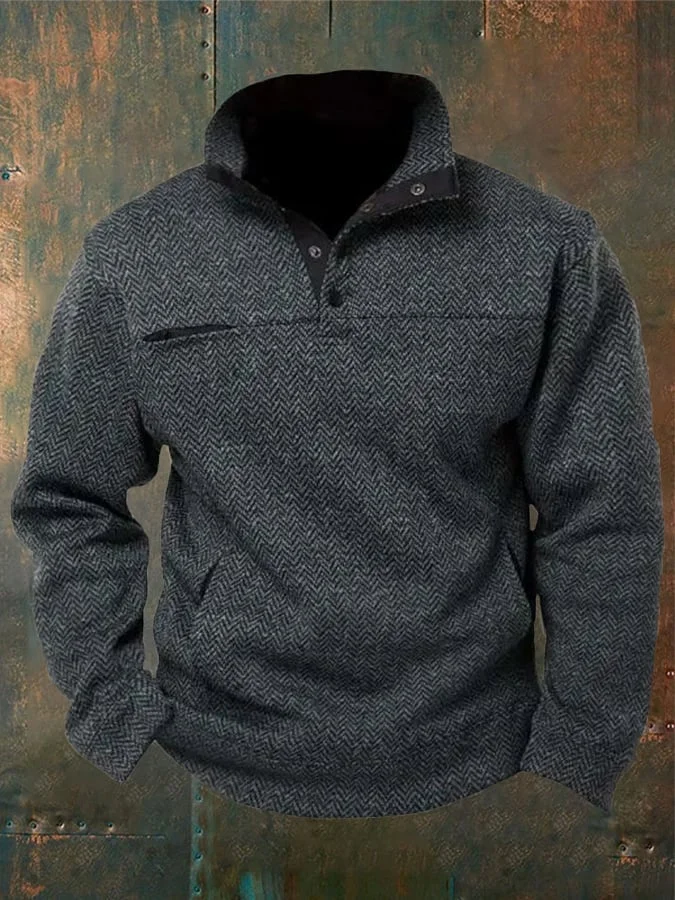 Men's Western Style Herringbone Design Patchwork Stand Collar Button Sweatshirt