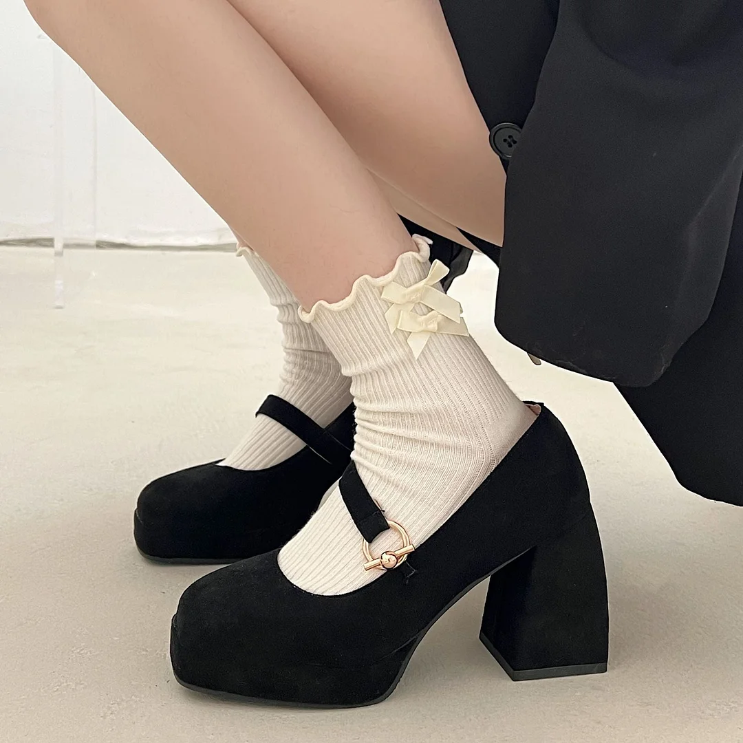 Lourdasprec Black French Thick Heel Shoes Women's  New Autumn and Winter Suede with Skirt Shallow Square Head Single Shoes