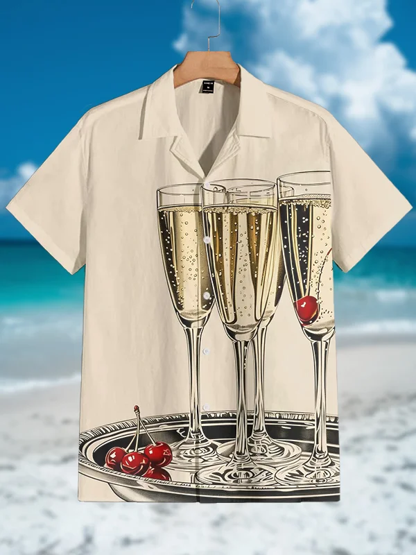 Men's Champagne Print Vacation Short Sleeve Shirt