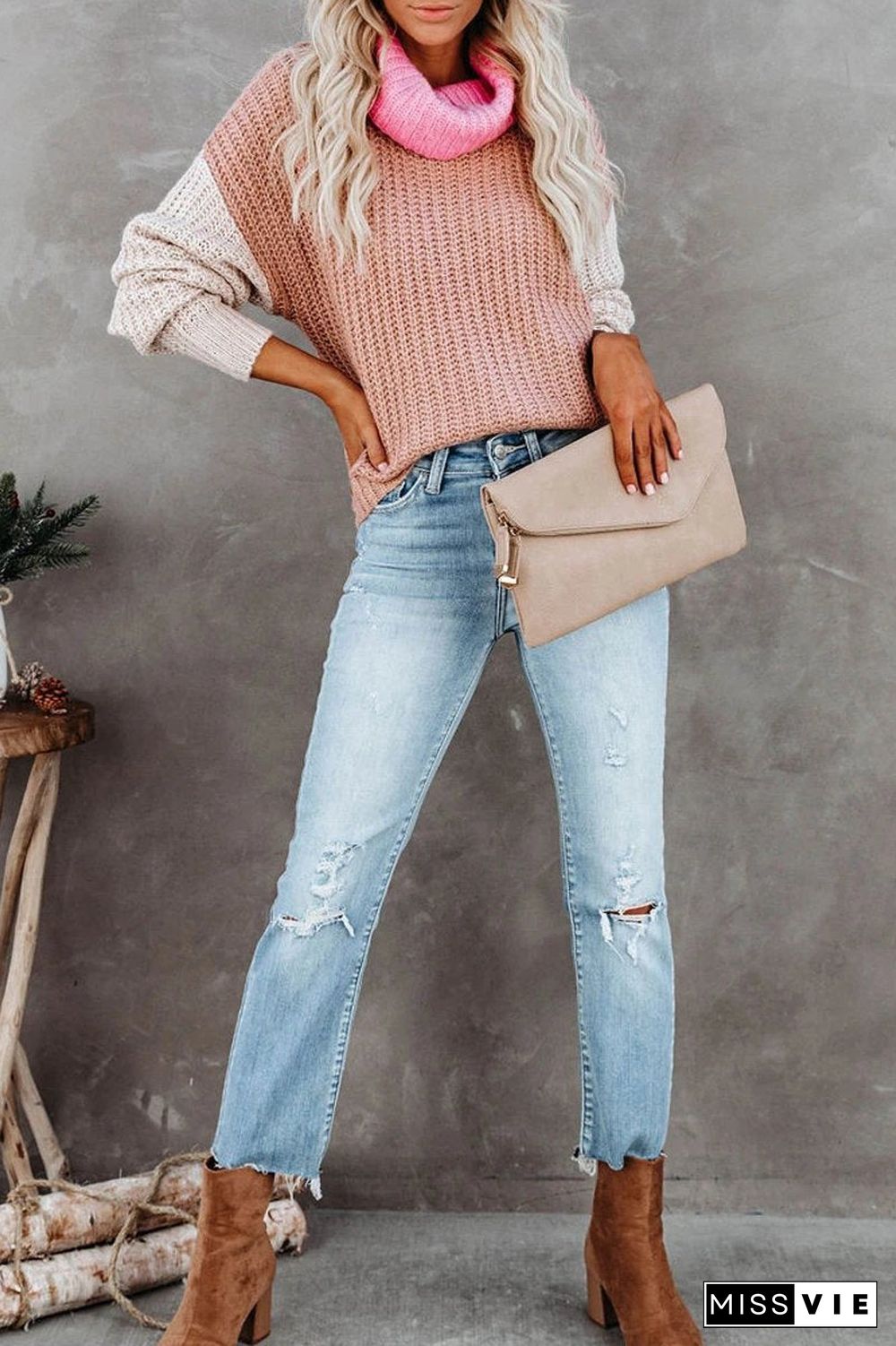 Turtleneck Color Block Casual Sweater