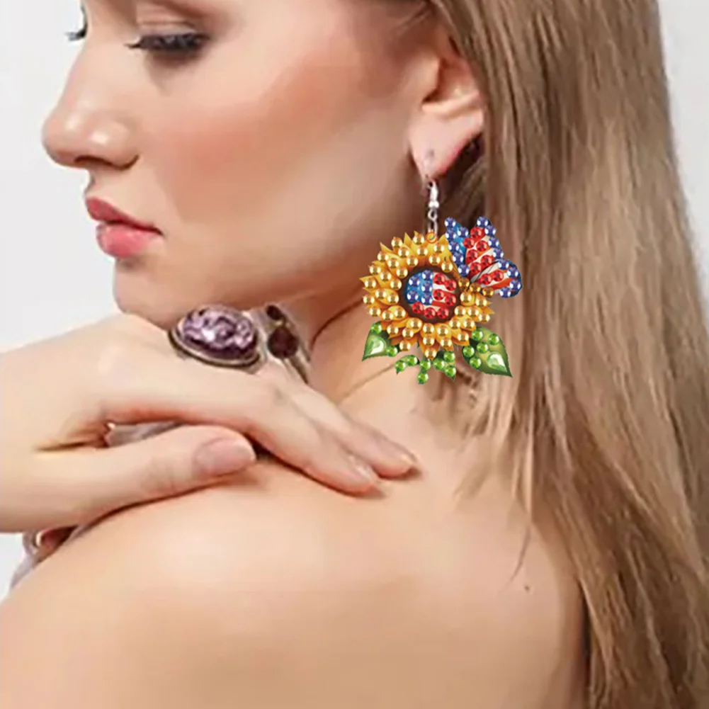 4 Pairs Double Sided Sunflower Flag Diamond Painting Earrings for Women Girls