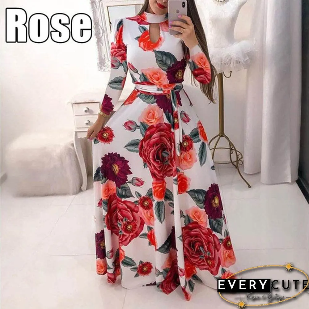 Women Fashion Long Sleeve Dress Maxi Dresses High Waist Flower Dress Party Dress