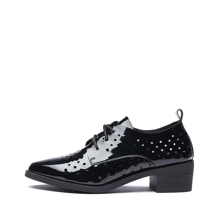 Black Patent Leather Vintage Pointed Toe Hollow-Out Lace-up Oxfords Vdcoo
