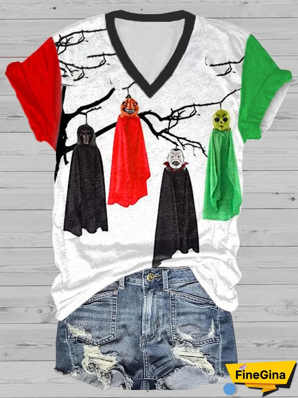 Women's Ghost Art Print Casual V-Neck Short Sleeve T-Shirt