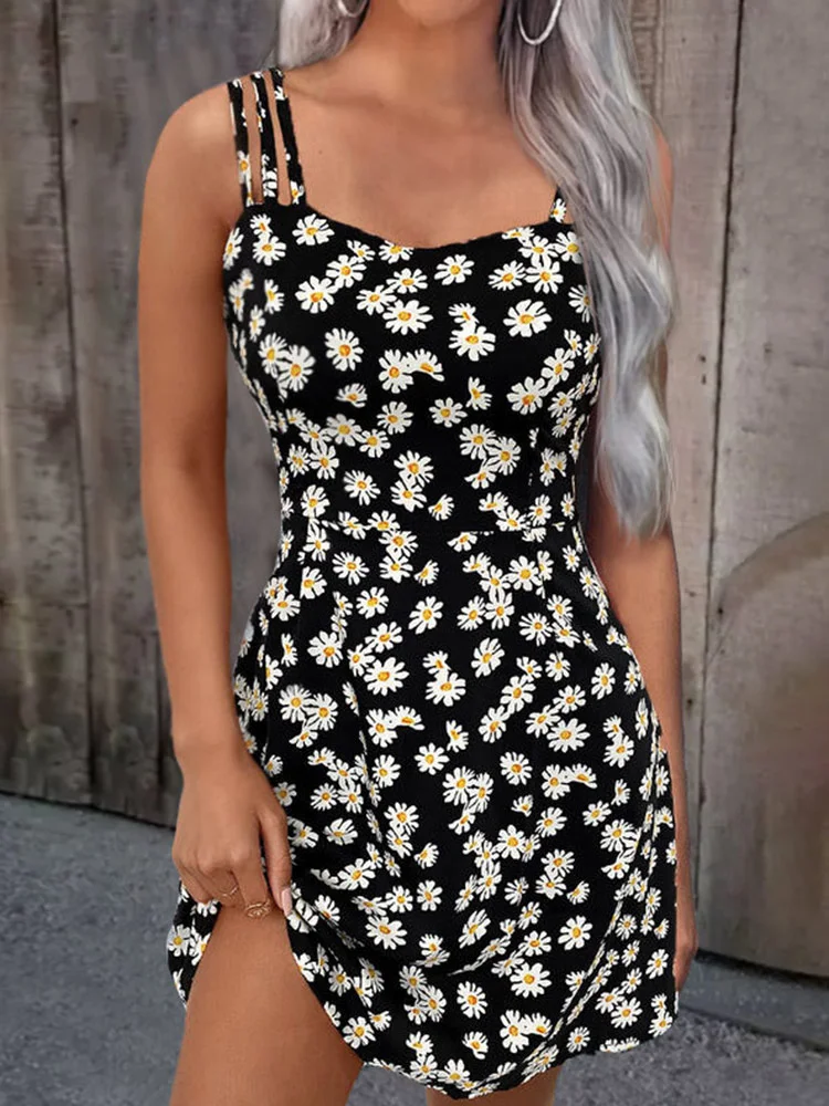 Summer Vintage Floral Print Boho Sexy Sleeveless A-Line Loose Mini Dress