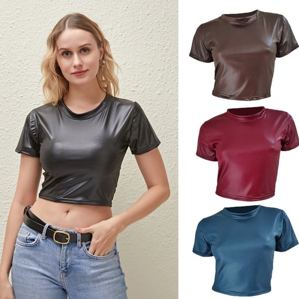 Women's Fashion Slim Fit Navel Short Solid Color Top Faux Leather T-Shirt - BlackFridayBuys