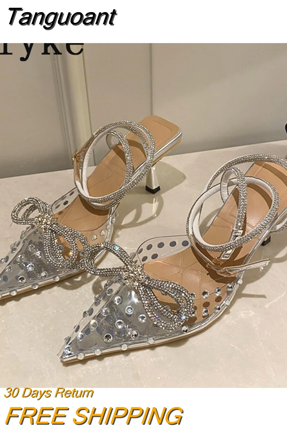 Tanguoant Elegant Crystal Bowknot Women Wedding Shoes Bride High Heels Pumps PVC Transparent Pointed Toe Ankle Strap Sandals Silver