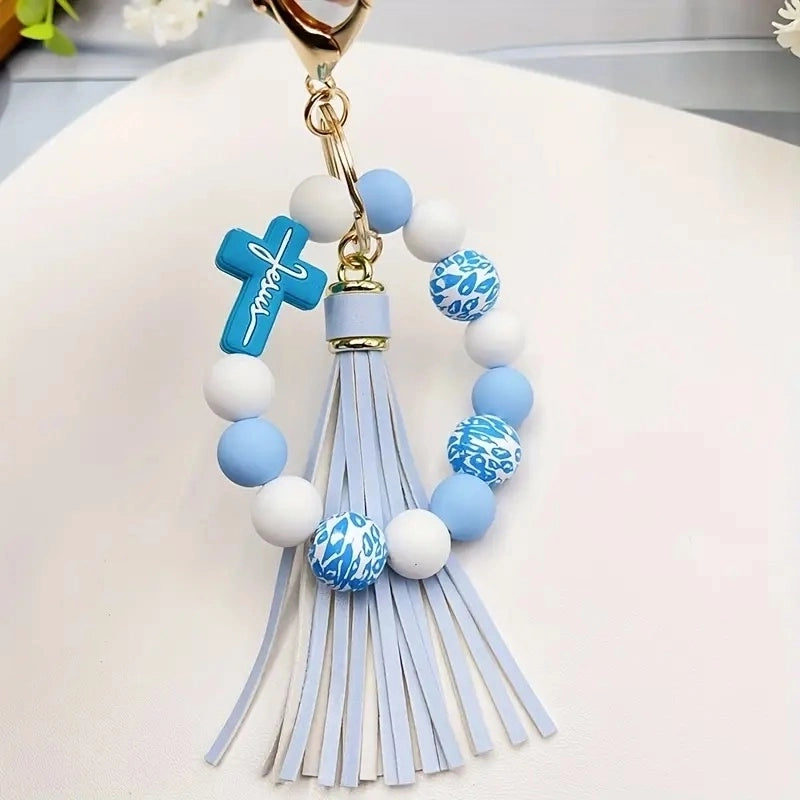 Casual Classic Style Cross Tassel Alloy Wooden Beads Silica Gel Beaded Keychain