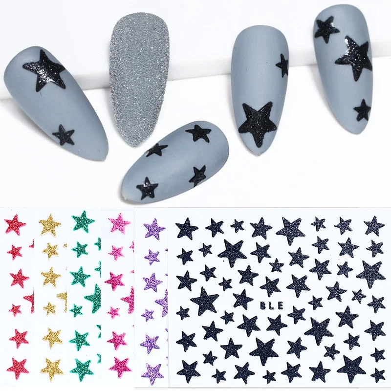 1 Sheet 3D Nail Stars Love Stickers Glitter Shiny Decoration Decal DIY Transfer Adhesive Colorful Nail Tips Tattoo Manicuring