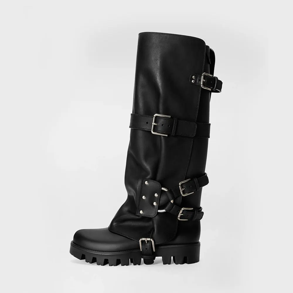 Fashion Black Vegan Leather Round Toe Flat Knee High Buckle Boots