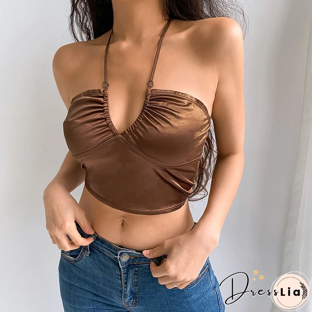 Sexy Fashion Brown Halter Tops Women Backless Skinny Camisole Korean Harajuku Clubwear Crop Shirts Vintage