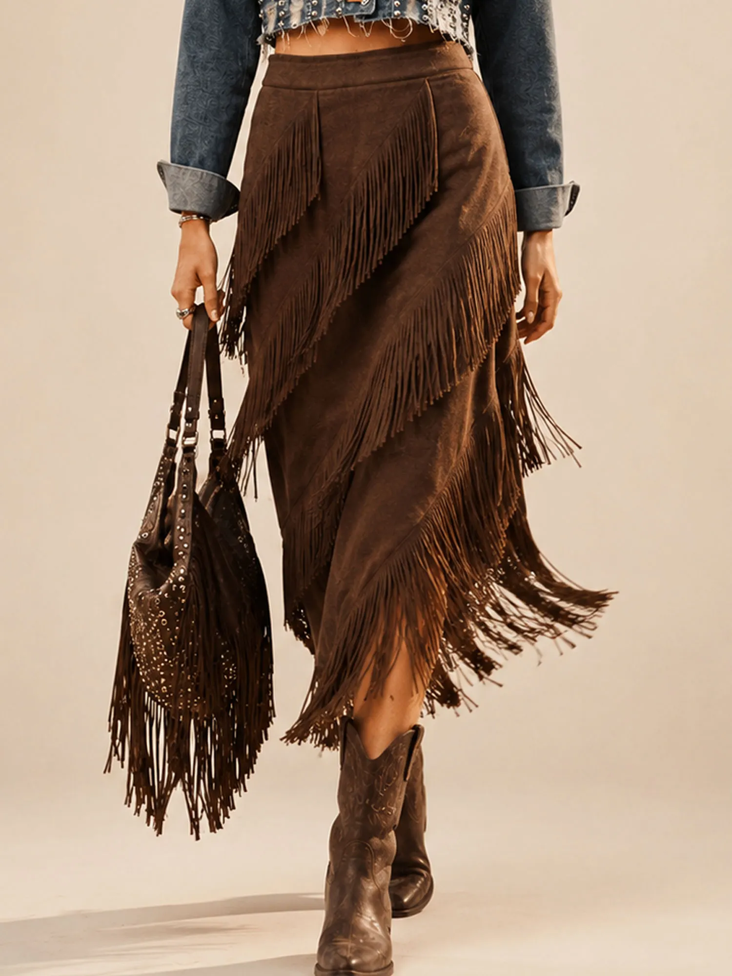 2026 Spring/Autumn Western Women'S Long Fringed Suede Skirt, Elevated Boho Chic, Perfect For Desert Travel & Rodeo Nights Skirts