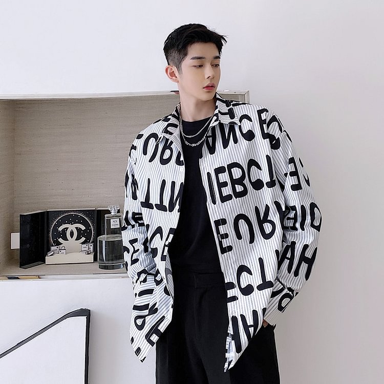 -Korean Design Trendy Striped Letter Print Shirt Jacket-Dawfashion- Original Design Clothing Store-Halloween 2022