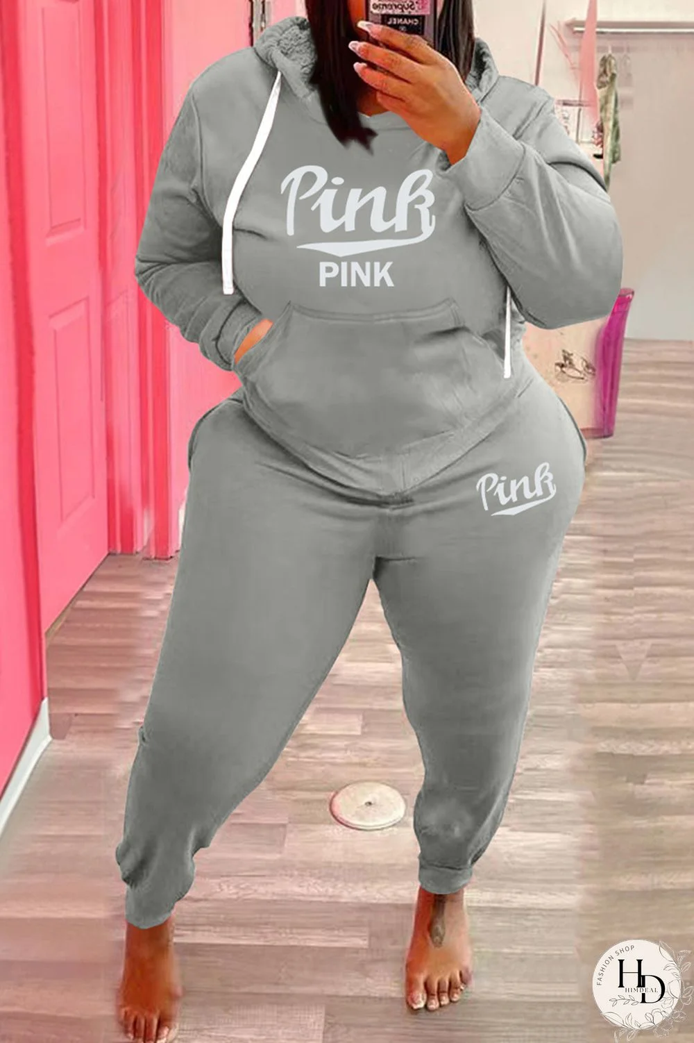 Black Fashion Casual Letter Print Basic Hooded Collar Plus Size Two Pieces