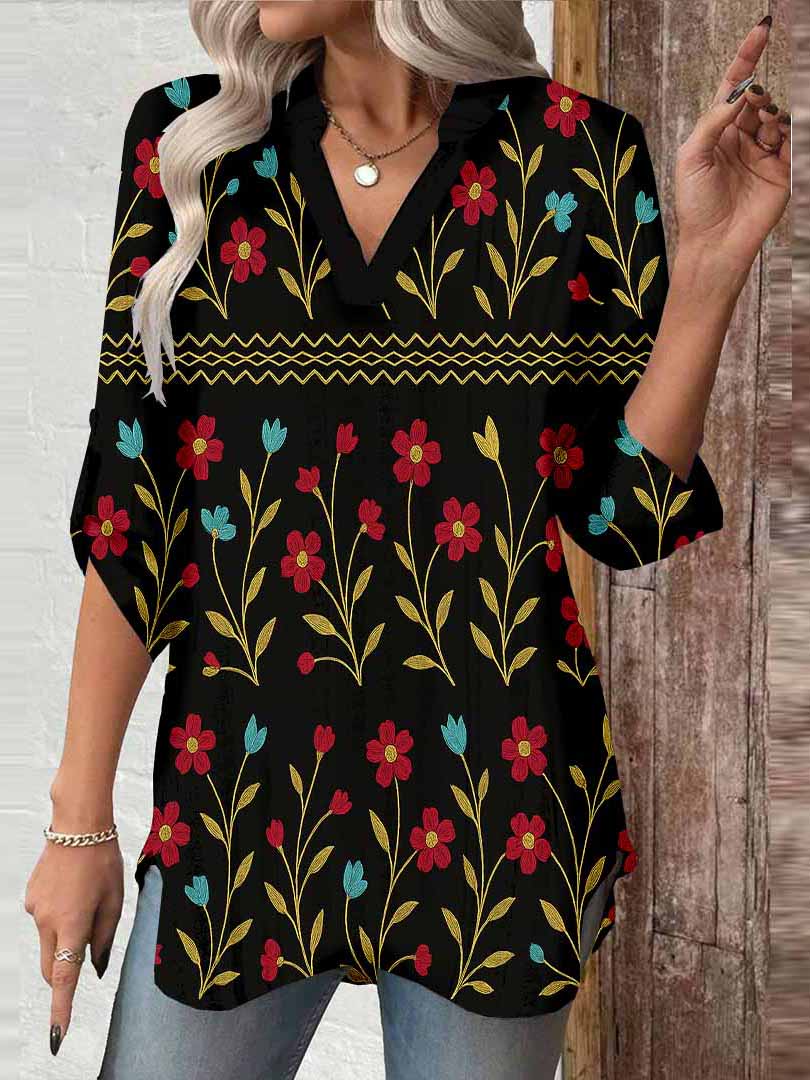 Women Floral,Red, Black DZGA0300 3/4 Sleeve V-neck Printed Graphic Button Tops