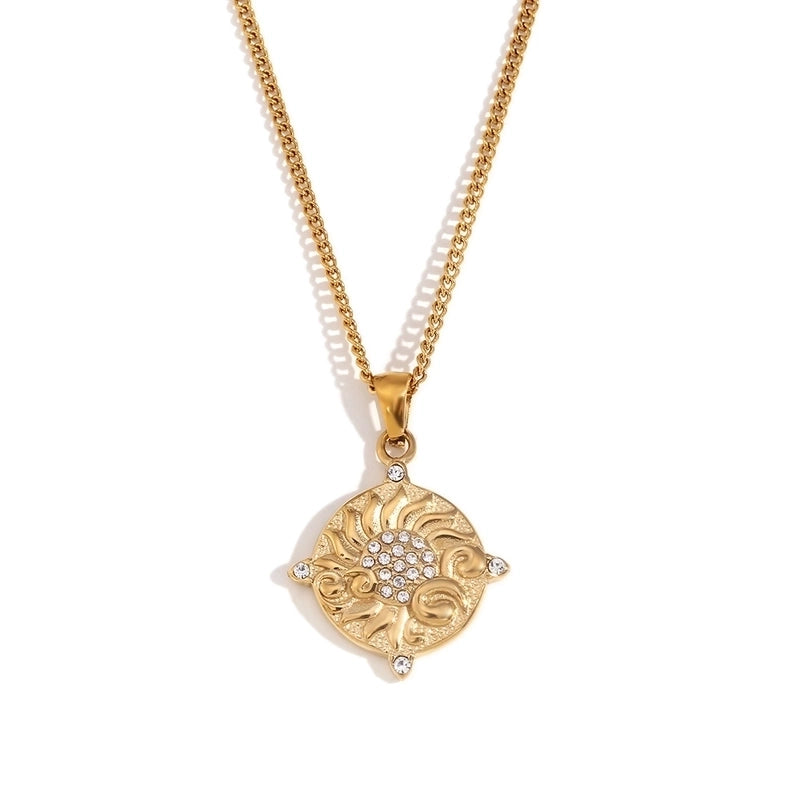 Casual IG Style Geometric Sun Gesture Titanium Steel Zircon 18K Gold Plated Inlay Pendant Necklace