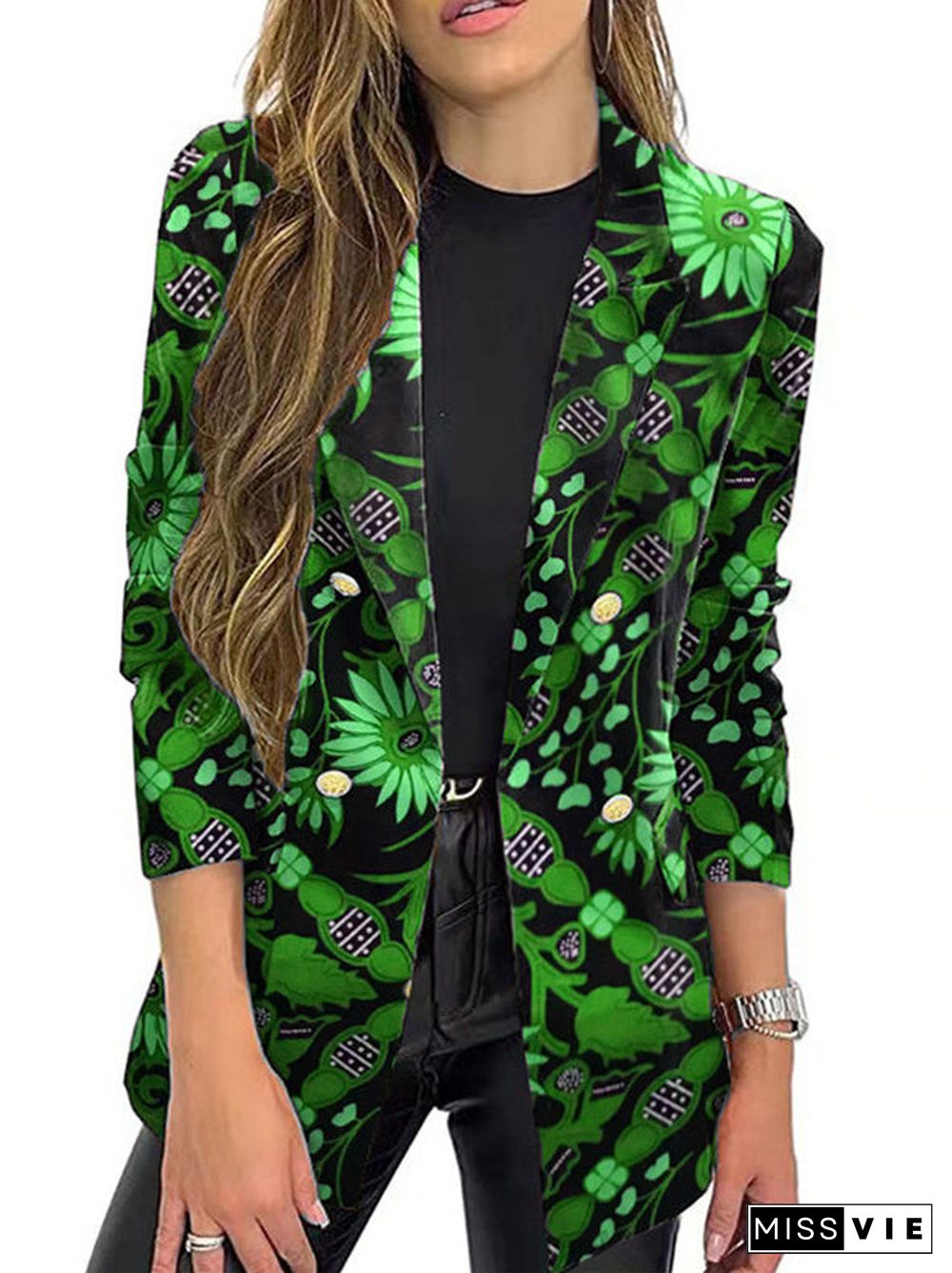 Women Long Sleeve Shirt Collar Floral Printed Striped Graphic Top Coats