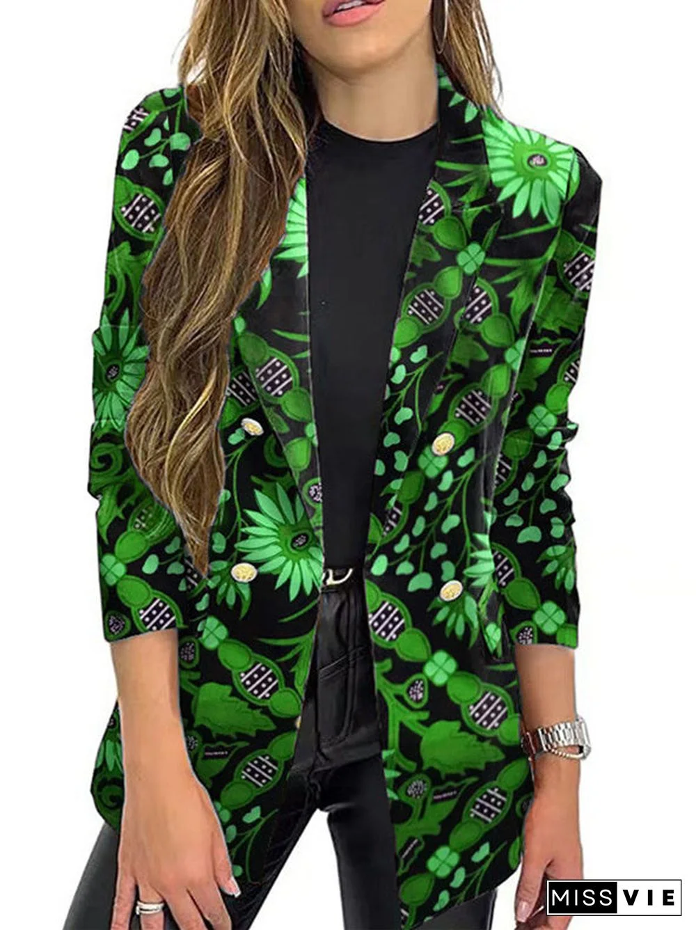 Women Long Sleeve Shirt Collar Floral Printed Striped Graphic Top Coats