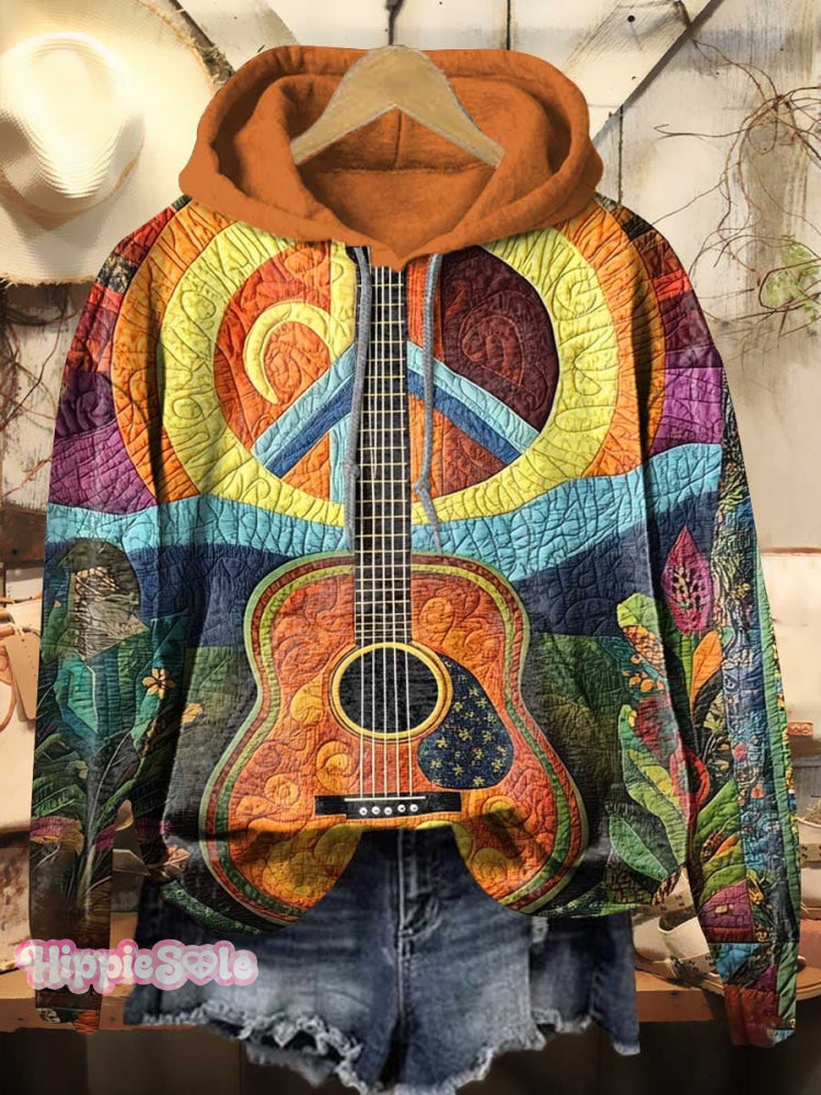 Peace & Guitar Collage Print Casual Hoodie Sweatshirt Multicolor / S