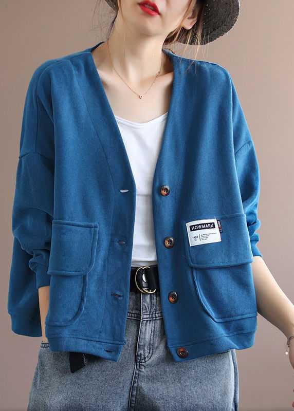 Art Blue V Neck Pockets Button Fall Long sleeve Coat CK067- Fabulory