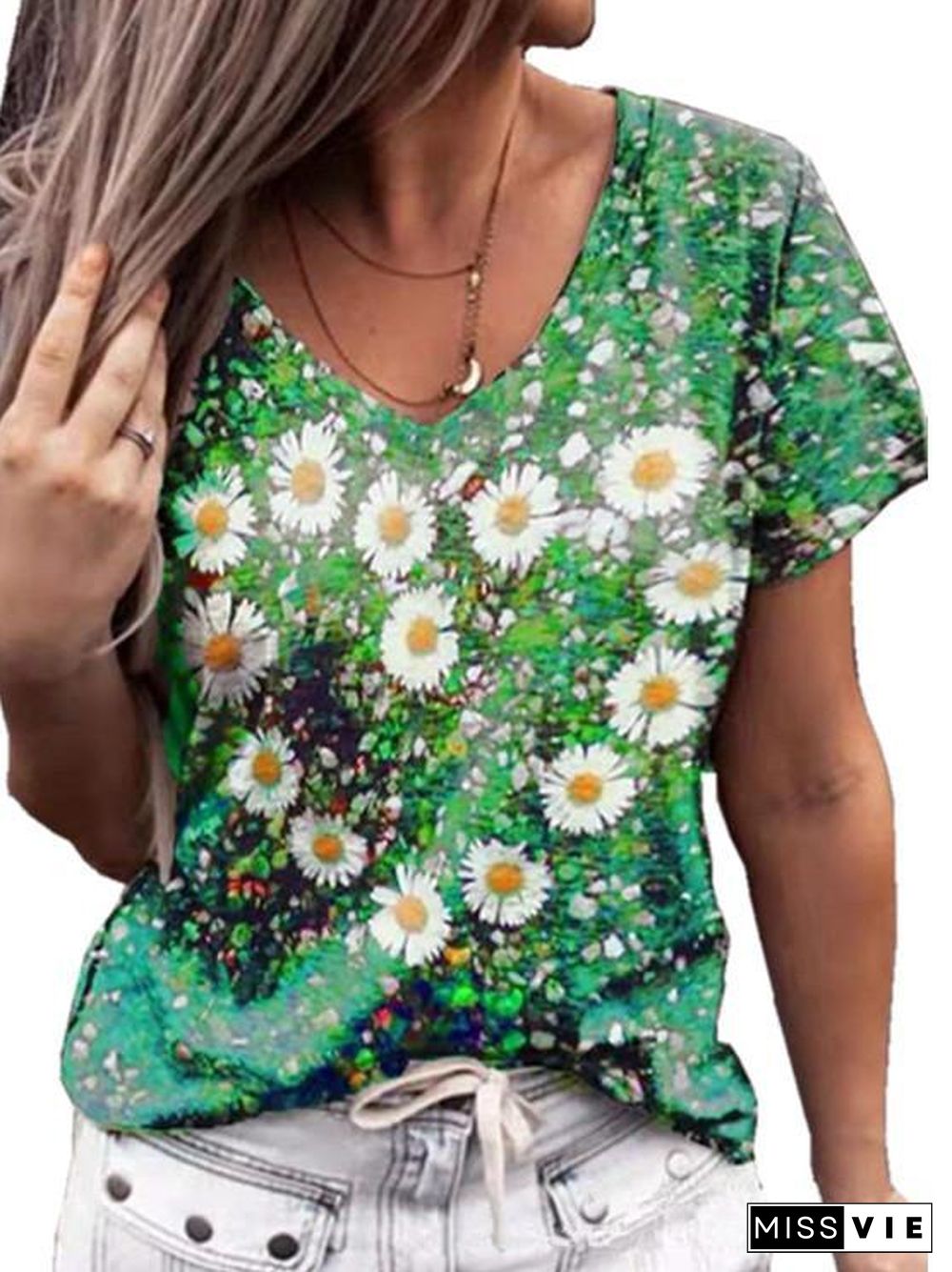 Women Short Sleeve V-neck Floral Printed Top