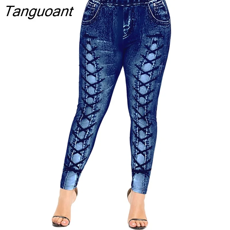Tanguoant Women Leggings 3D Jeans Printed Leggings 5XL Elastic Waisted Skinny Pants Ladies Streetwear Fashion Faux Demin Jeggings