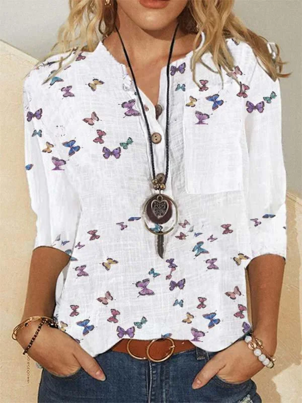 Printed Cotton-Blend Casual V Neck Shirts & Tops