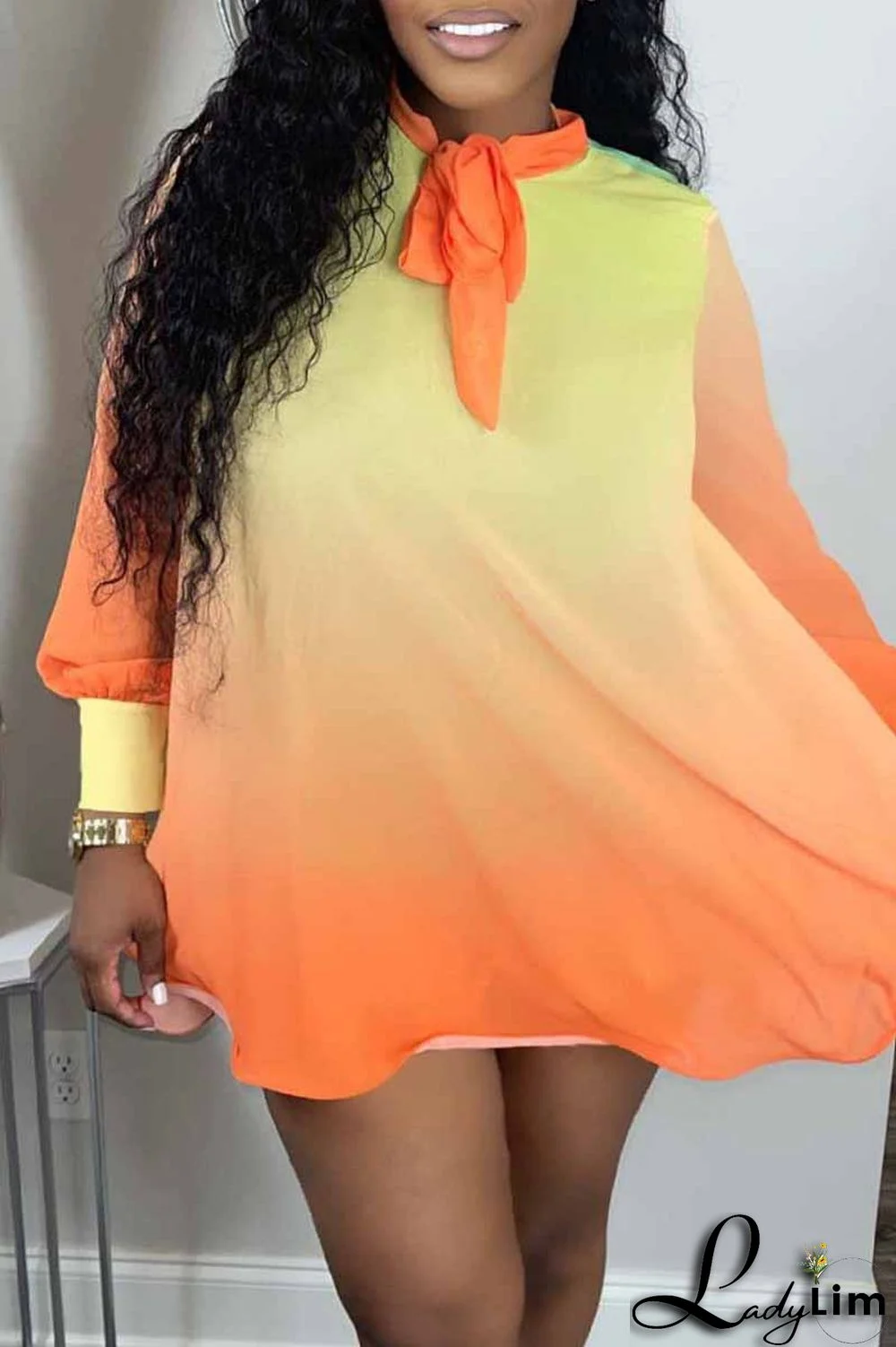 Orange Yellow Fashion Casual Gradual Change Print Basic O Neck Long Sleeve Dresses