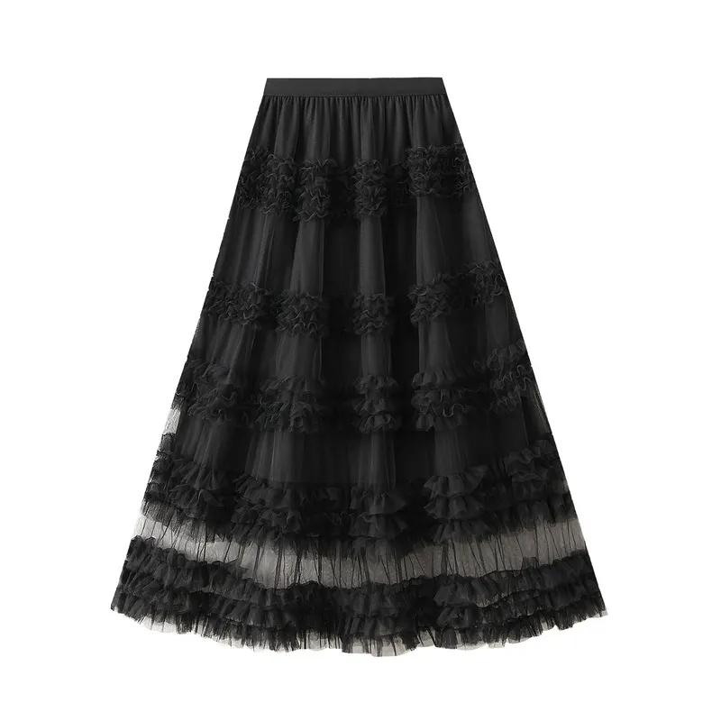 Nigikala Nigikala Heavy Industry Lace Cake Skirt Long Skirt Sweet Wind High Waist Wood Ear Net Yarn Skirt 1276